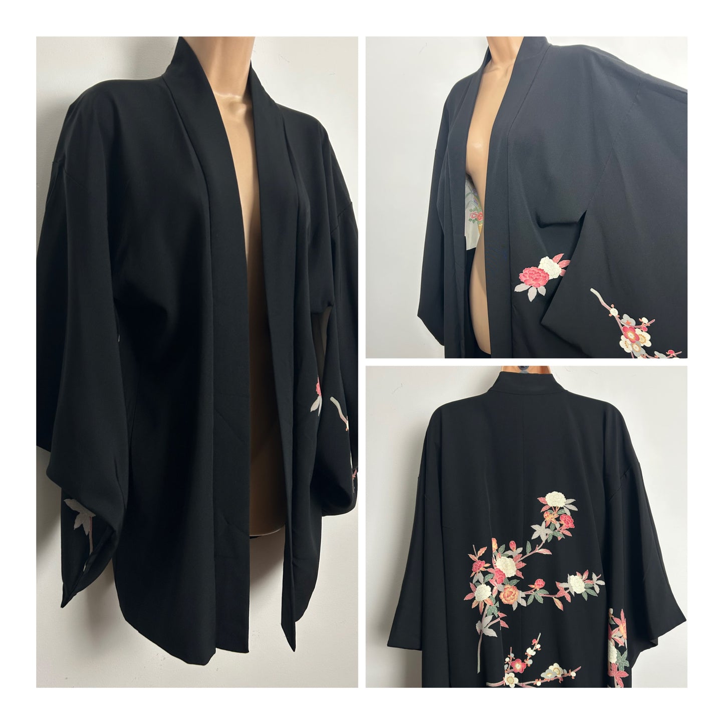 Vintage Up To Size 14 Beautiful Black Floral Print Traditional Japanese Haori Kimono Jacket