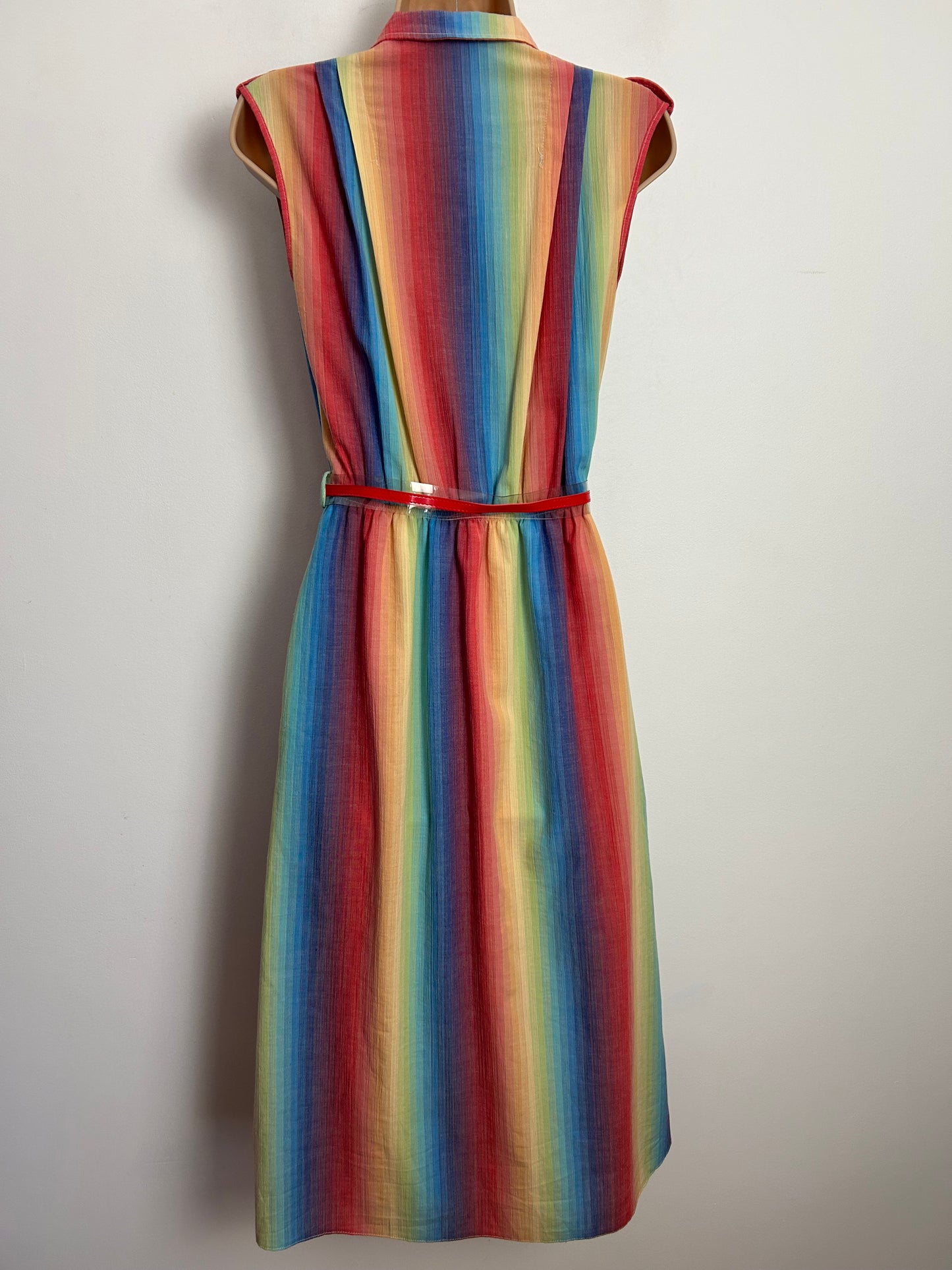 Vintage Early 1980s UK Size 10 Orange Red Yellow Green & Blue Stripe Print Belted Cotton Day Dress