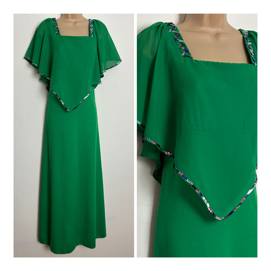 Vintage 1970s UK Size 10 Green Chiffon Cape Sleeve Sequin Embellished Occasion Maxi Dress