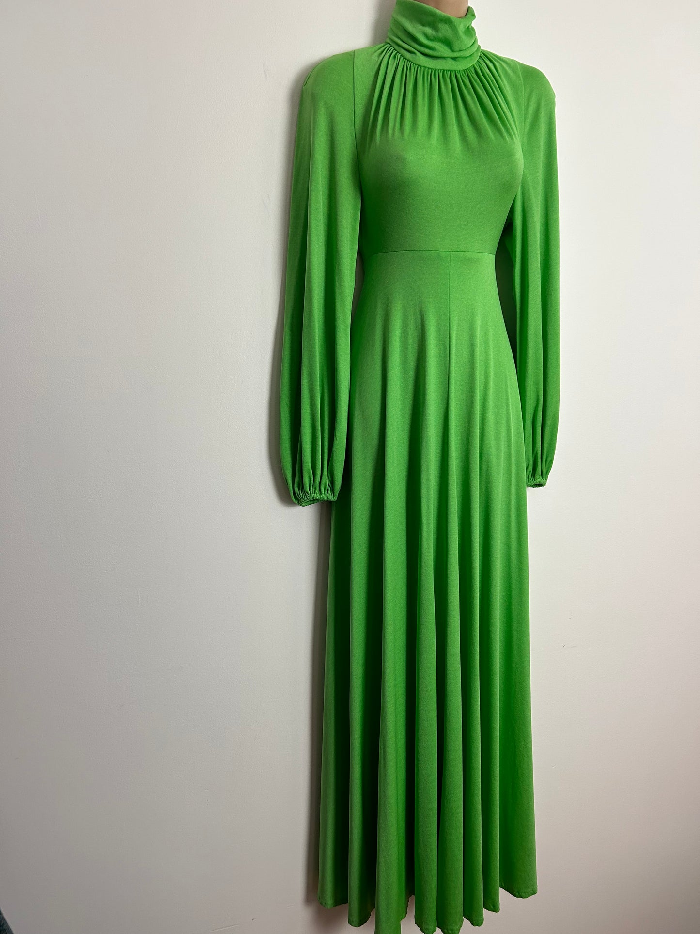 Vintage 1970s UK Size 6 Lime Green High Neck Long Balloon Sleeve Boho Maxi Dress