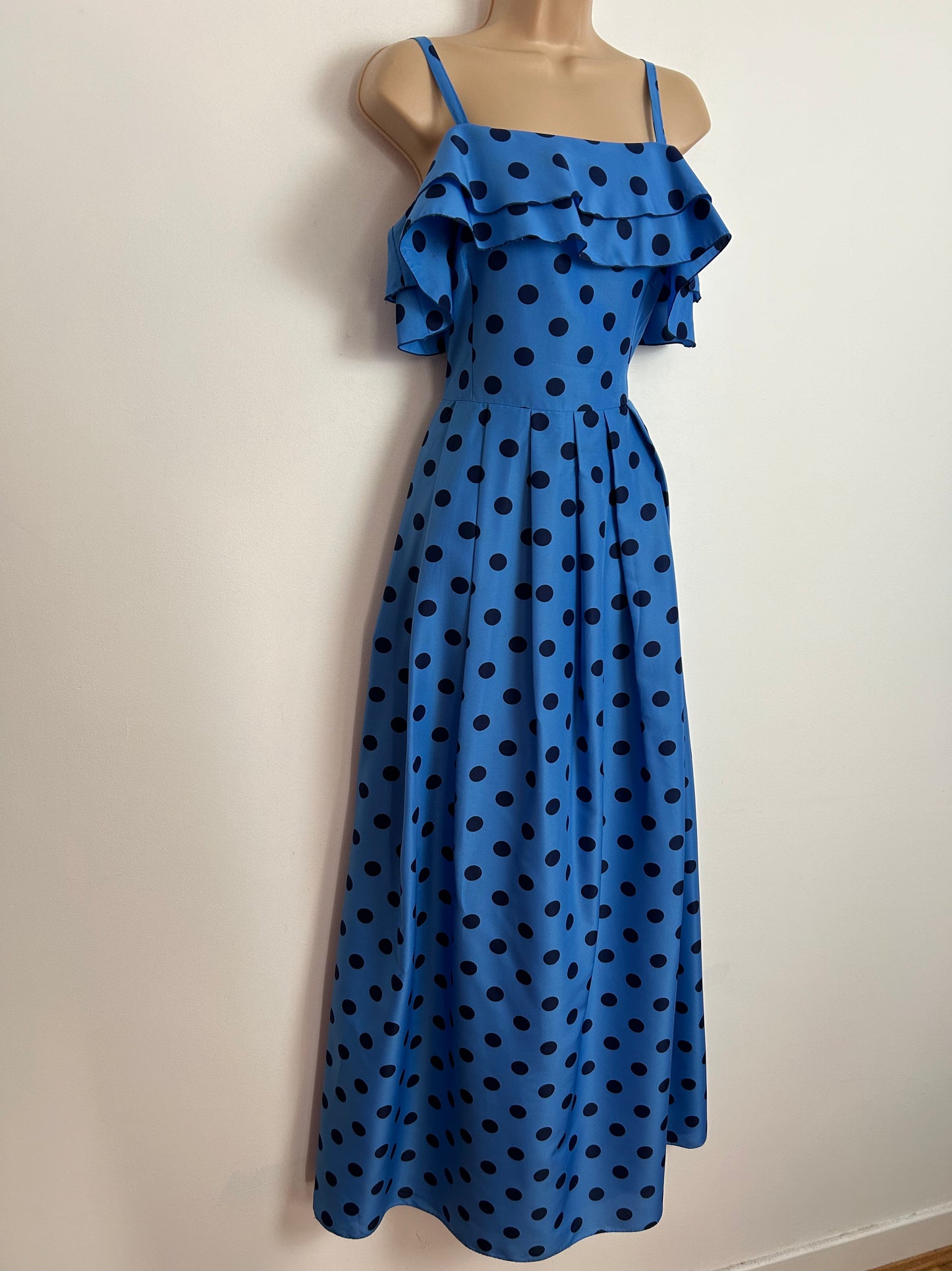 Vintage Late 1970s UK Size 10 Blue & Navy Polka Dot Strappy Ruffle Trim Pleated Maxi Dress