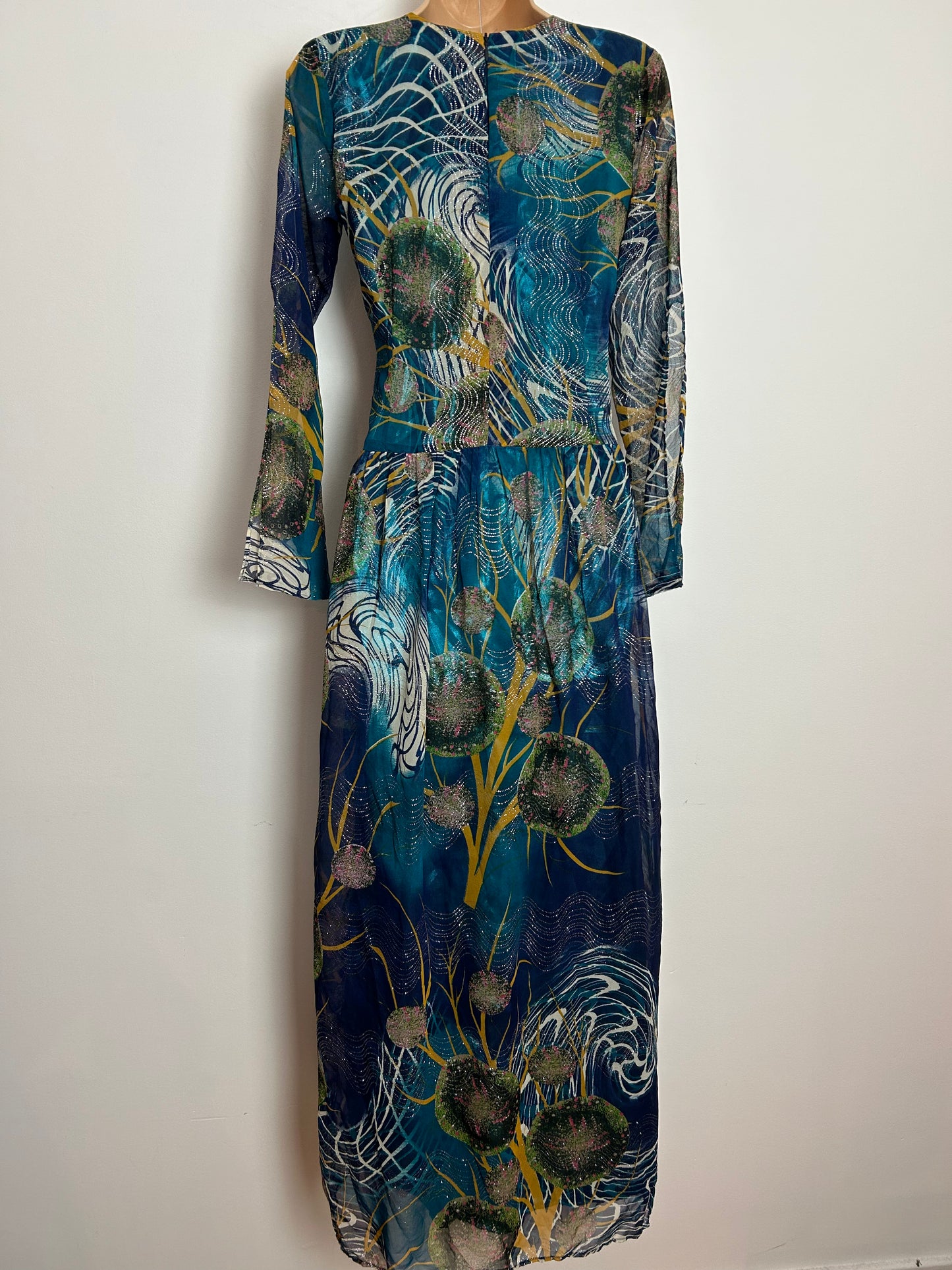 Vintage 1970s UK Size 8 Beautiful Teal & Mustard Abstract Print Silver Glitter Detail Boho Occasion Maxi Dress