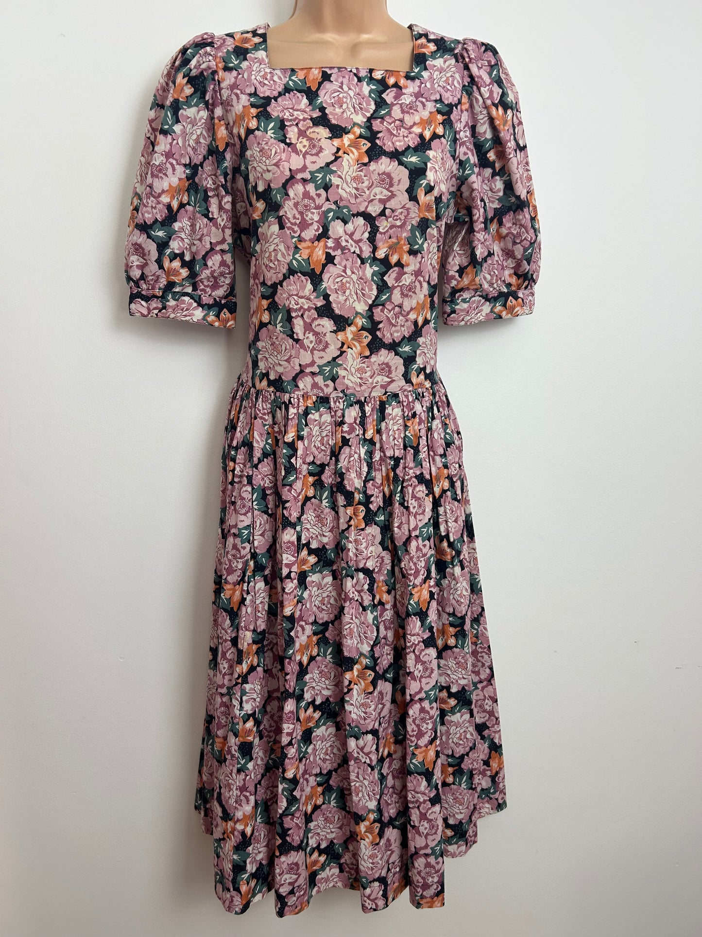 Vintage 1980s LAURA ASHLEY Size 10 Dusky Pink Orange & Green Floral Cotton Tea Dress