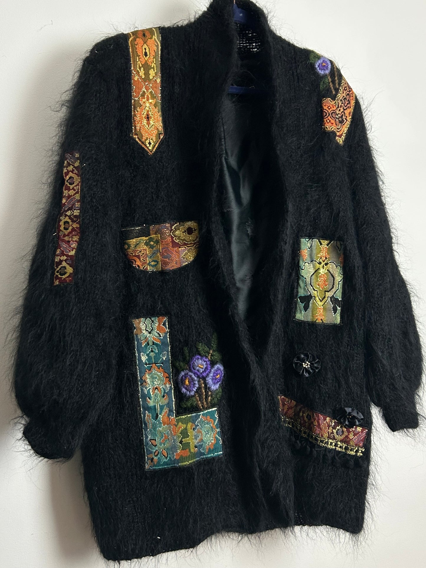 Vintage 1980s Up To Size 18 Black Wool Applique Detail Fully Lined Handmade Open Fronted Cardigan Coatigan