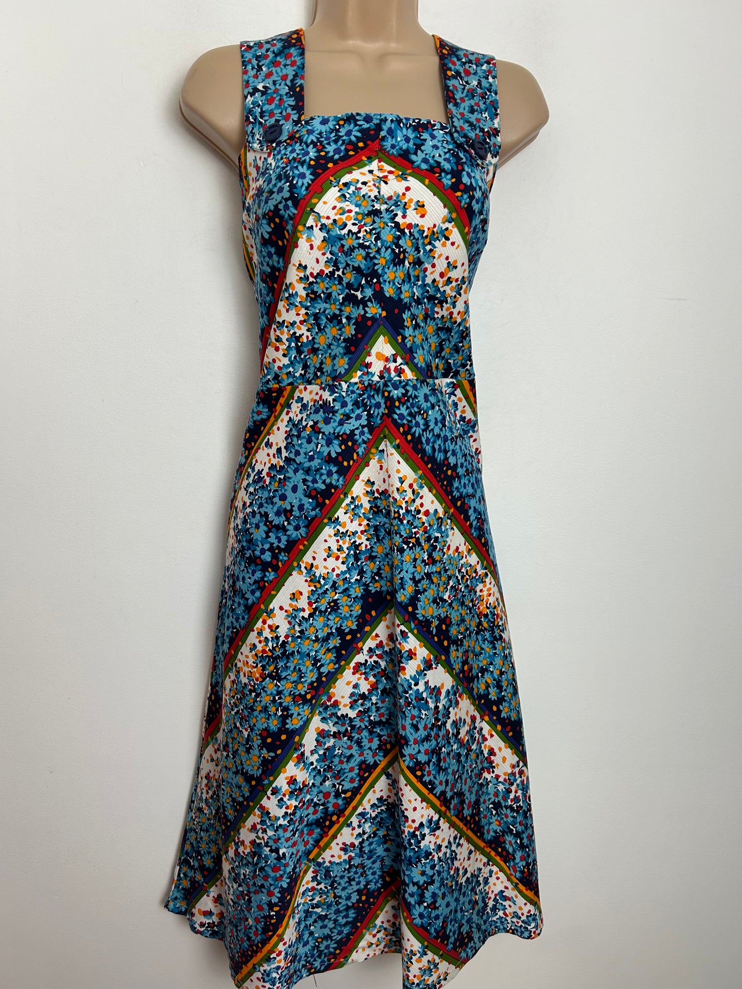 Vintage 1970s SOLIDA Size 12 Blue White Orange Red Floral & Stripe Print Cotton Summer Day Dress