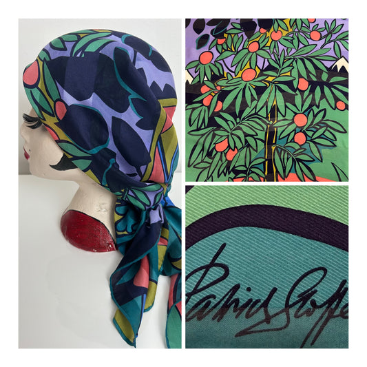 Vintage PATRICK STOFFEL Teal Green Orange & Lilac Tree & Mountain Print Collectable Silk Scarf 90cm x 87cm