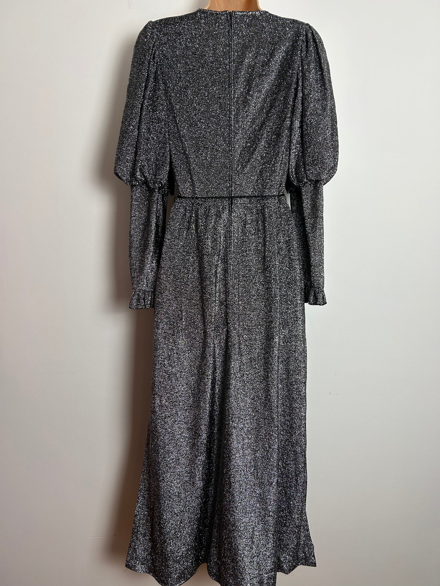 Vintage 1970s UK Size 8 Silver Glittery Lurex Long Juliet Sleeve Belted Party Evening Maxi Dress