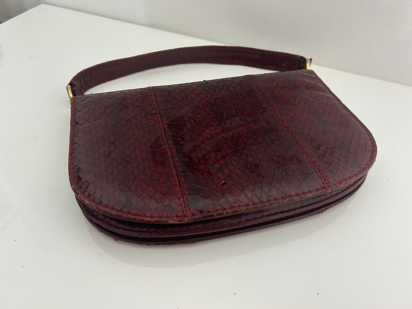 Vintage 1970s MAGLI Made In Italy Red Oxblood Snake Skin Unusual Shaped Handbag