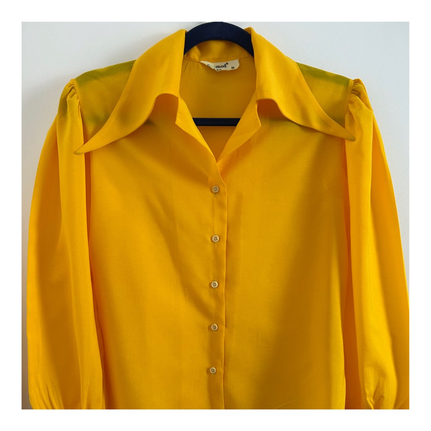 Vintage 1970s CELAMOD PARIS Size 12 Mustard Yellow Dagger Collar Long Sleeve Shirt