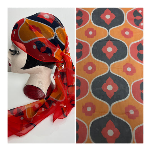 Vintage Red Orange & Navy Psychedelic Floral Print Chiffon Crepe Long Scarf