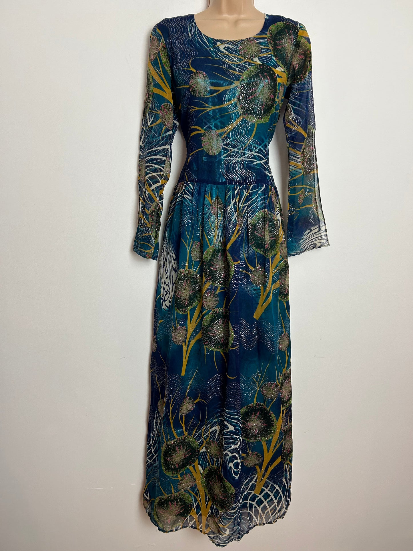 Vintage 1970s UK Size 8 Beautiful Teal & Mustard Abstract Print Silver Glitter Detail Boho Occasion Maxi Dress