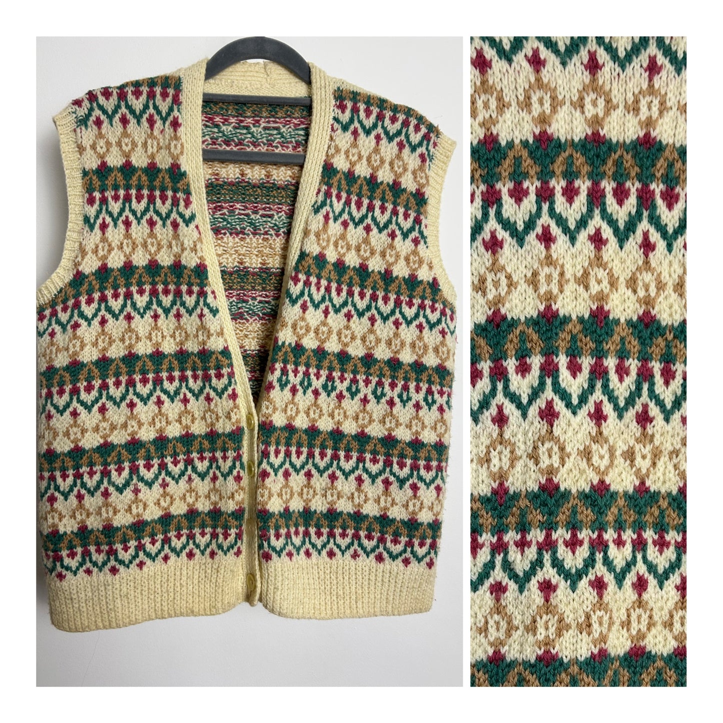 Vintage 1970s Size 12-14 Cream Red Green & Beige Knitted Sleeveless Sweater Vest Waistcoat Cardigan