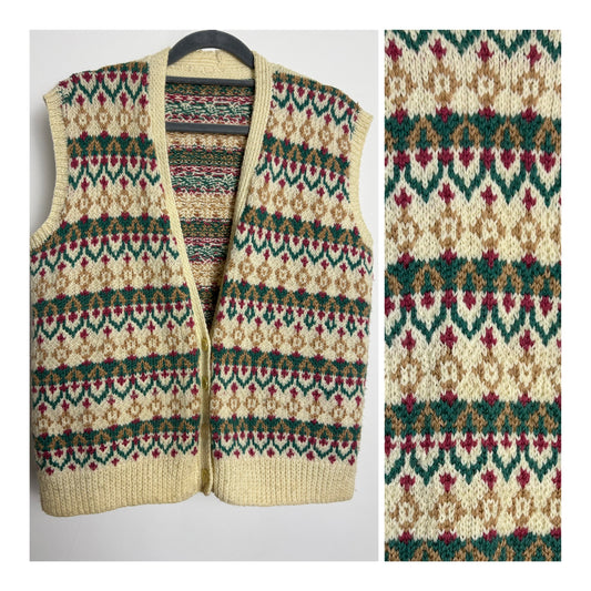 Vintage 1970s Size 12-14 Cream Red Green & Beige Knitted Sleeveless Sweater Vest Waistcoat Cardigan