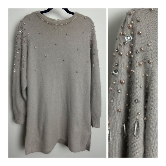 Vintage 1990s MADELEINE Size 16 Slouchy Ecru Wool & Angora Bead & Diamante Embellished Longline Jumper or Jumper Dress