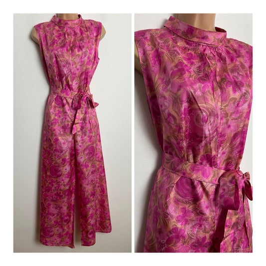 Vintage 1960s Size 12 Pink Tones Floral Print Sleeveless Belted Wide Cropped Leg Jumpsuit
