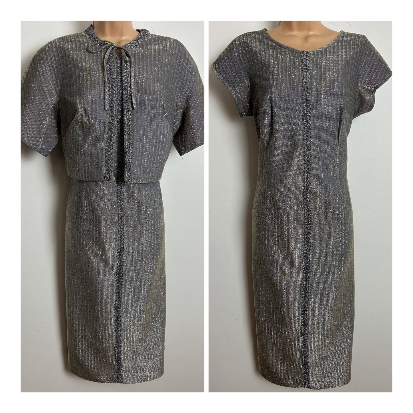 Vintage 1960s BERBRIGHT LONDON Size 12 Silver Lurex Braid Trim Evening Party Dress & Matching Cropped Jacket