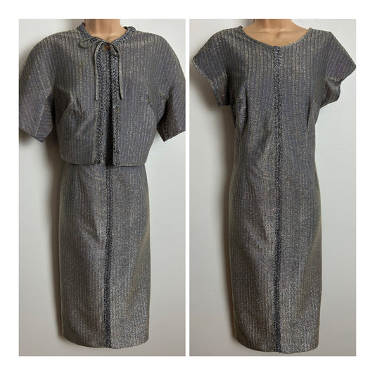 Vintage 1960s BERBRIGHT LONDON Size 12 Silver Lurex Braid Trim Evening Party Dress & Matching Cropped Jacket