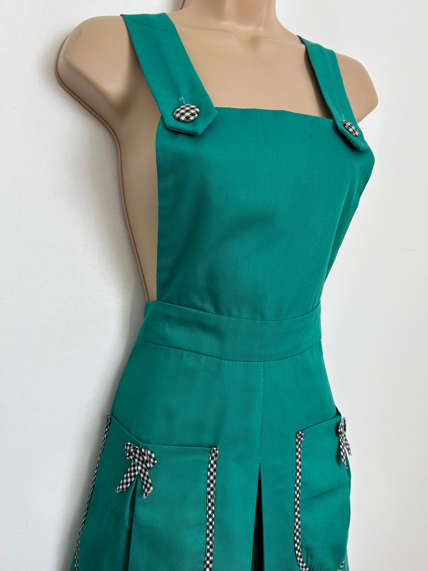 Vintage 1960s Size 10 Dark Green Check Bow Trim Cross Strap Pinafore Dress