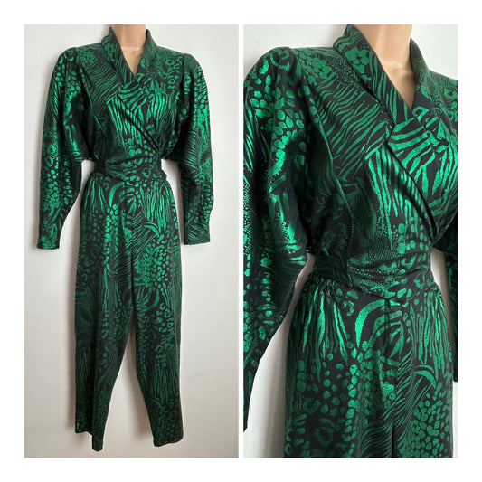 Vintage 1980s Approx UK Size 10-12 Black & Metallic Green Mixed Animal Print Long Sleeve Tie Back Tapered Leg Jumpsuit