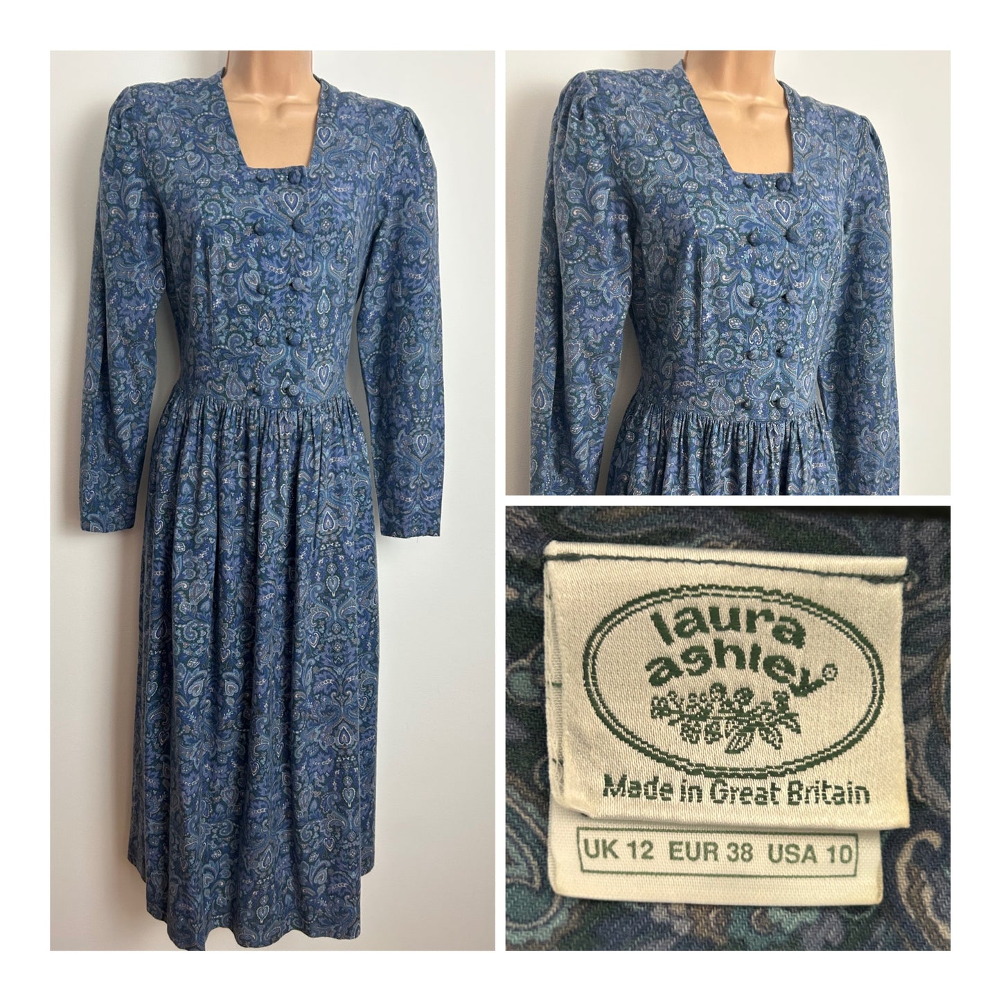 Vintage 1980s LAURA ASHLEY Size 10 (Size 12 On Label) Blue Tones Nouveau Print Wool Mix Long Sleeve Midi Dress