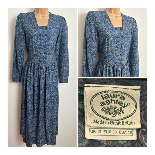 Vintage 1980s LAURA ASHLEY Size 10 (Size 12 On Label) Blue Tones Nouveau Print Wool Mix Long Sleeve Midi Dress
