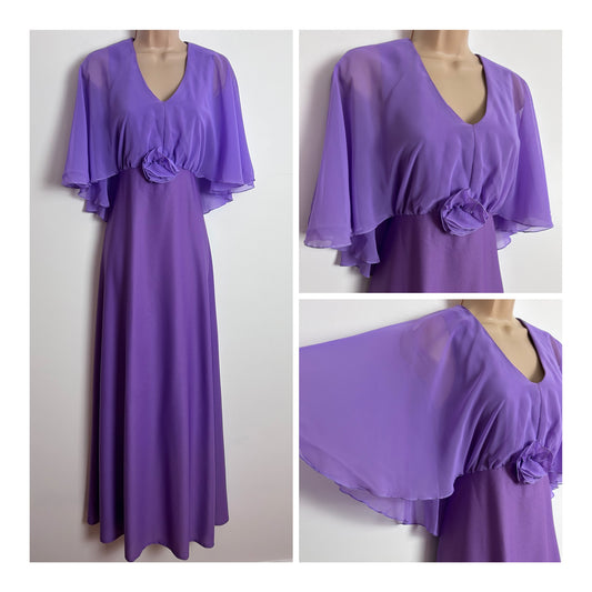 Vintage 1970s C&A UK Size 10 Beautiful Violet Chiffon Cape Sleeve Maxi Dress