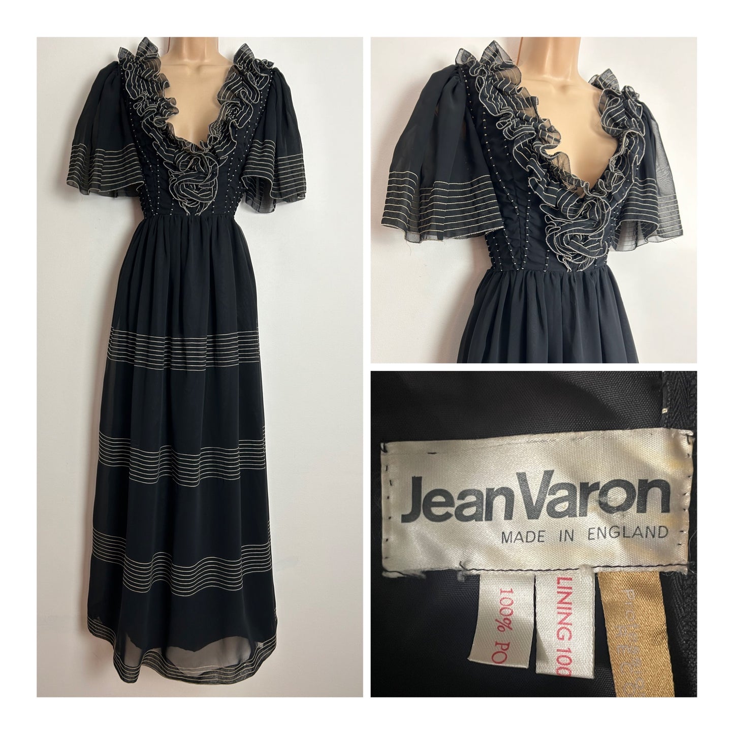 Vintage 1970s JEAN VARON Approx UK Size 10-12 Black Stitch Stripe Detail Tassel Back Ruffle Trim Occasion Evening Maxi Dress