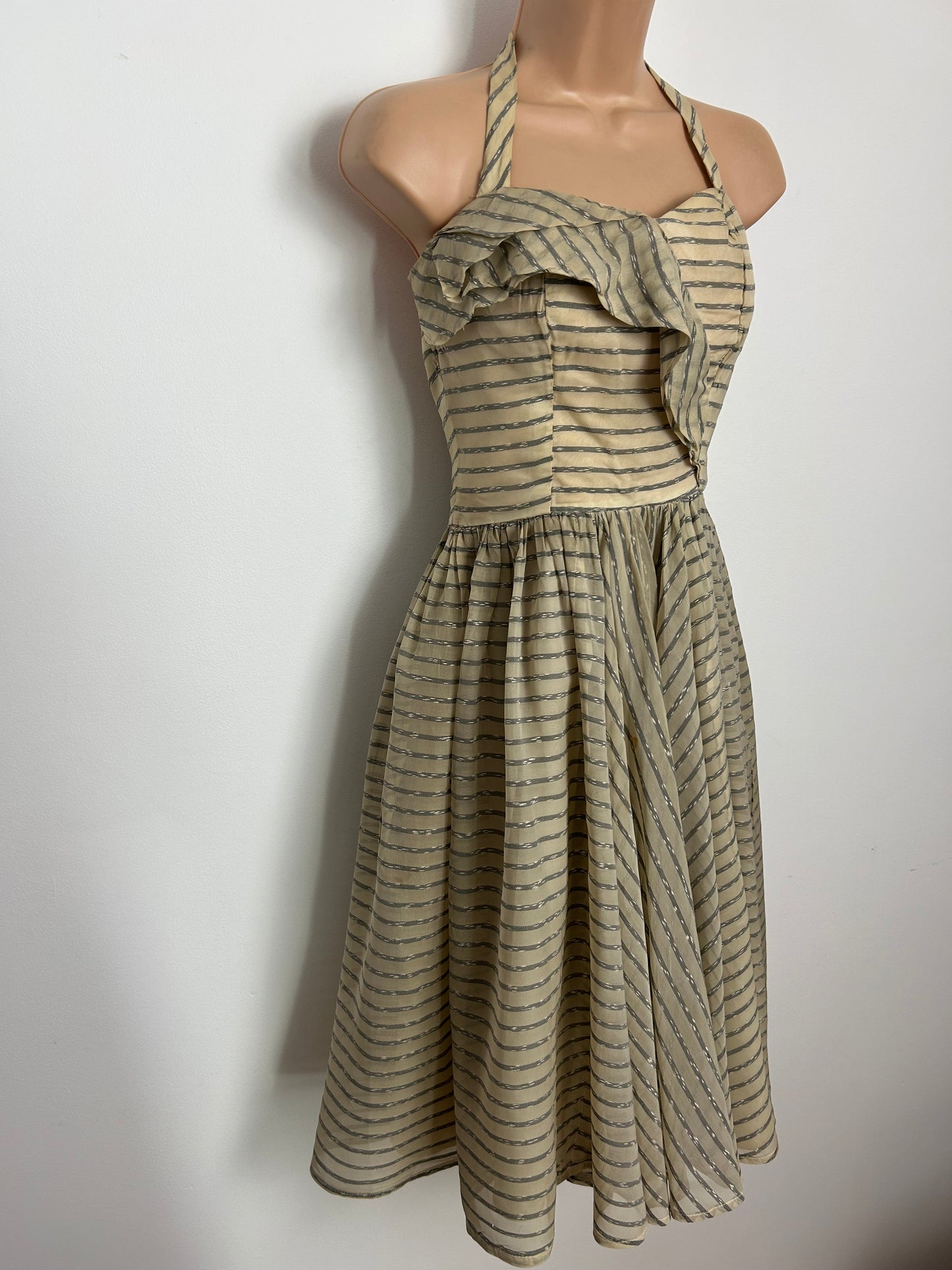 Vintage 1950s Size 8 Beige & Grey Stripe Halterneck Boned Party Prom Occasion Dress