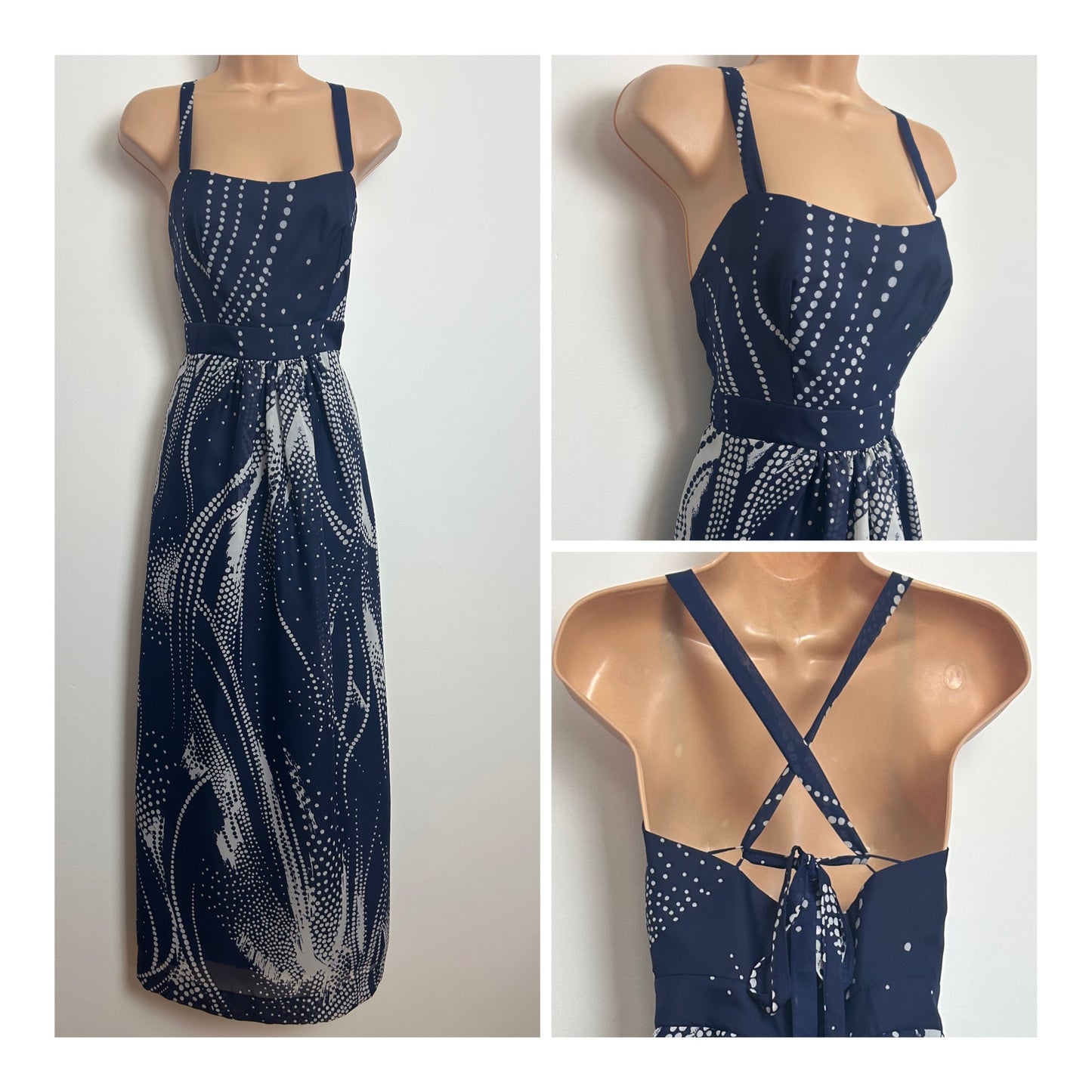 Vintage 1970s Size 6 Navy Blue & White Spotty Print Cross Strap Summer Occasion Maxi Dress