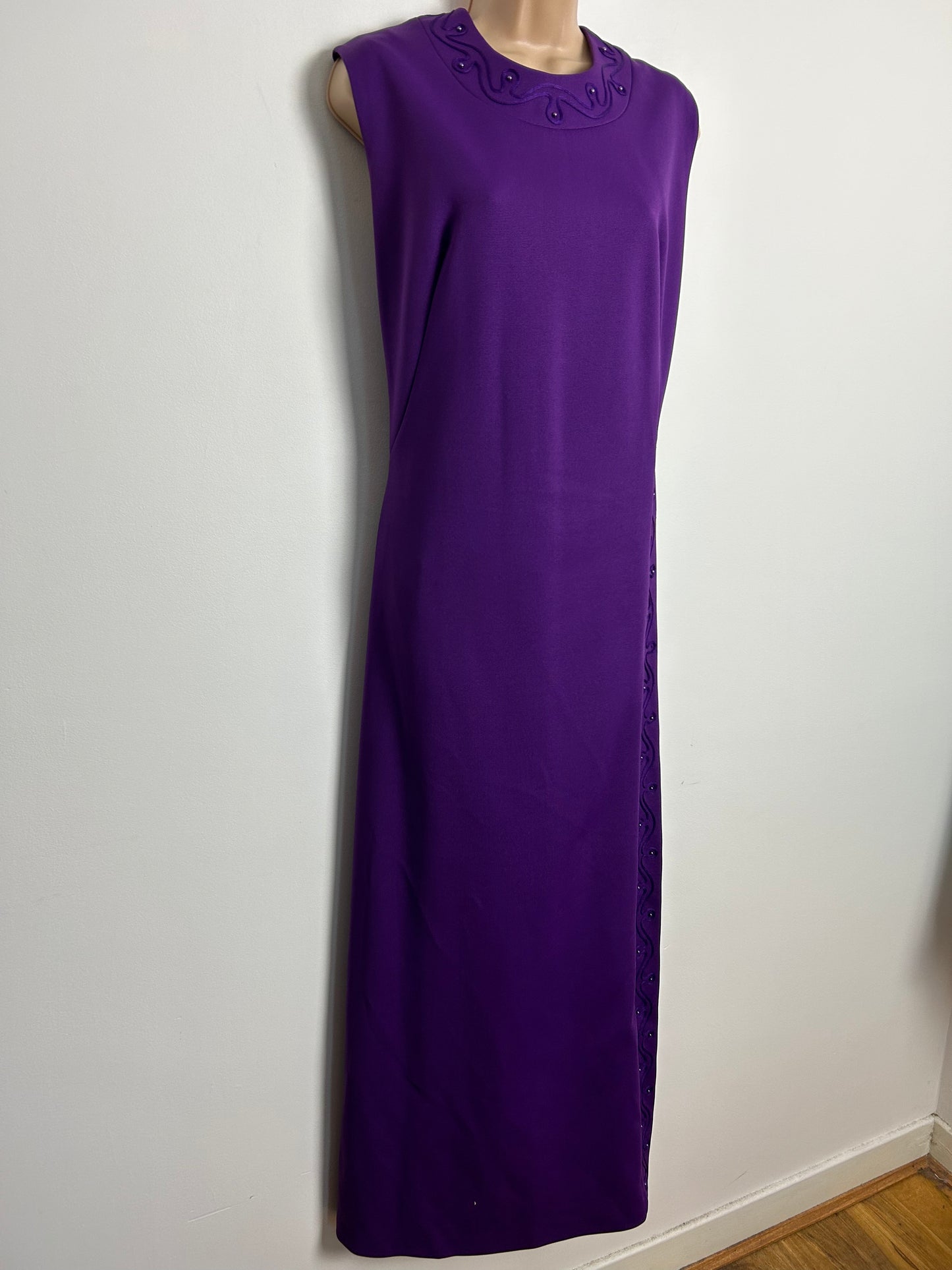 Vintage Early 1970s Size 14 Purple Braid & Bead Detail Sleeveless Straight Fitting Column Occasion Evening Maxi Dress