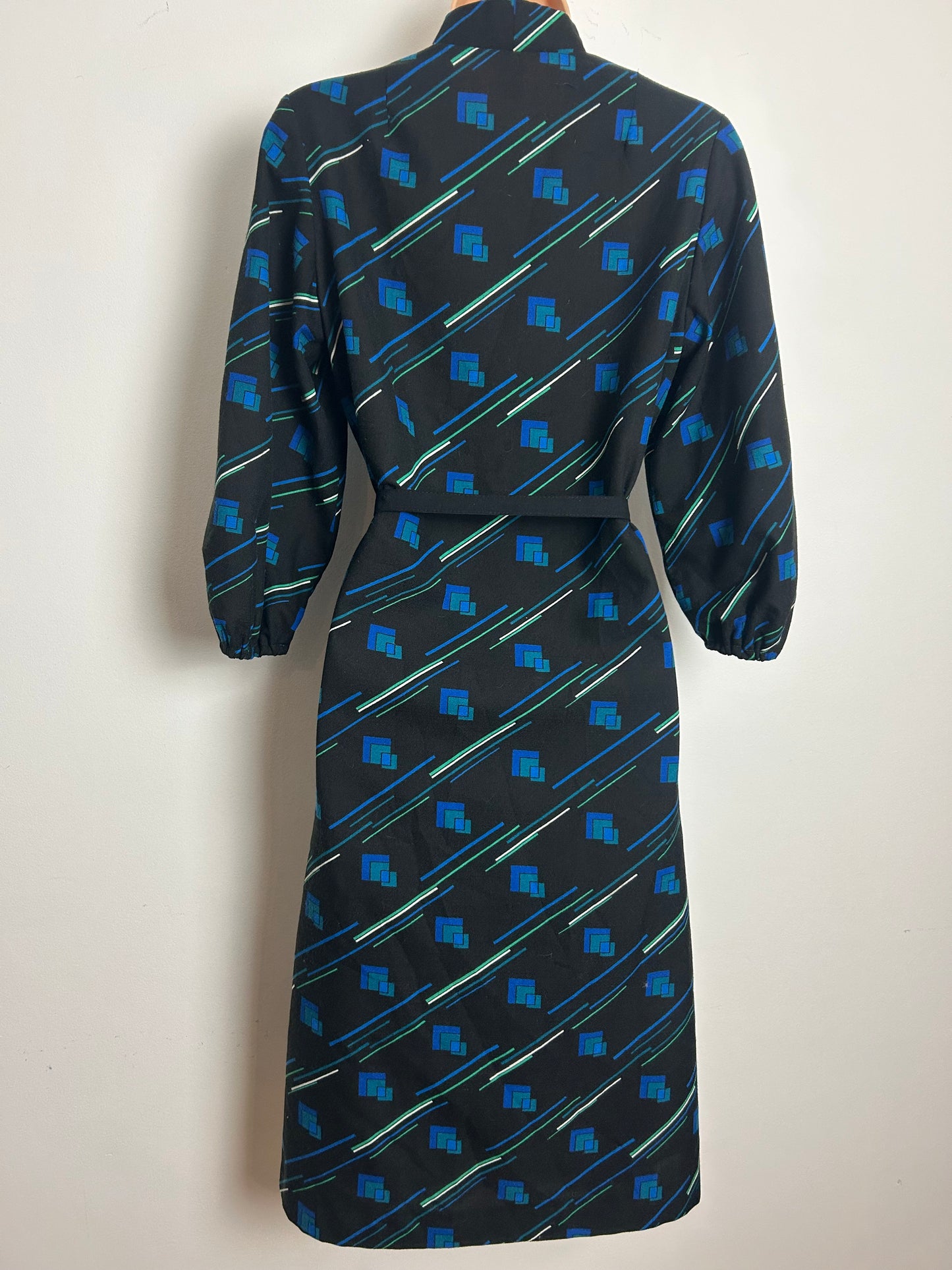 Vintage 1970s Size 12-14 Black Blue & Green Geo & Stripe Print Long Sleeve Belted Day Dress