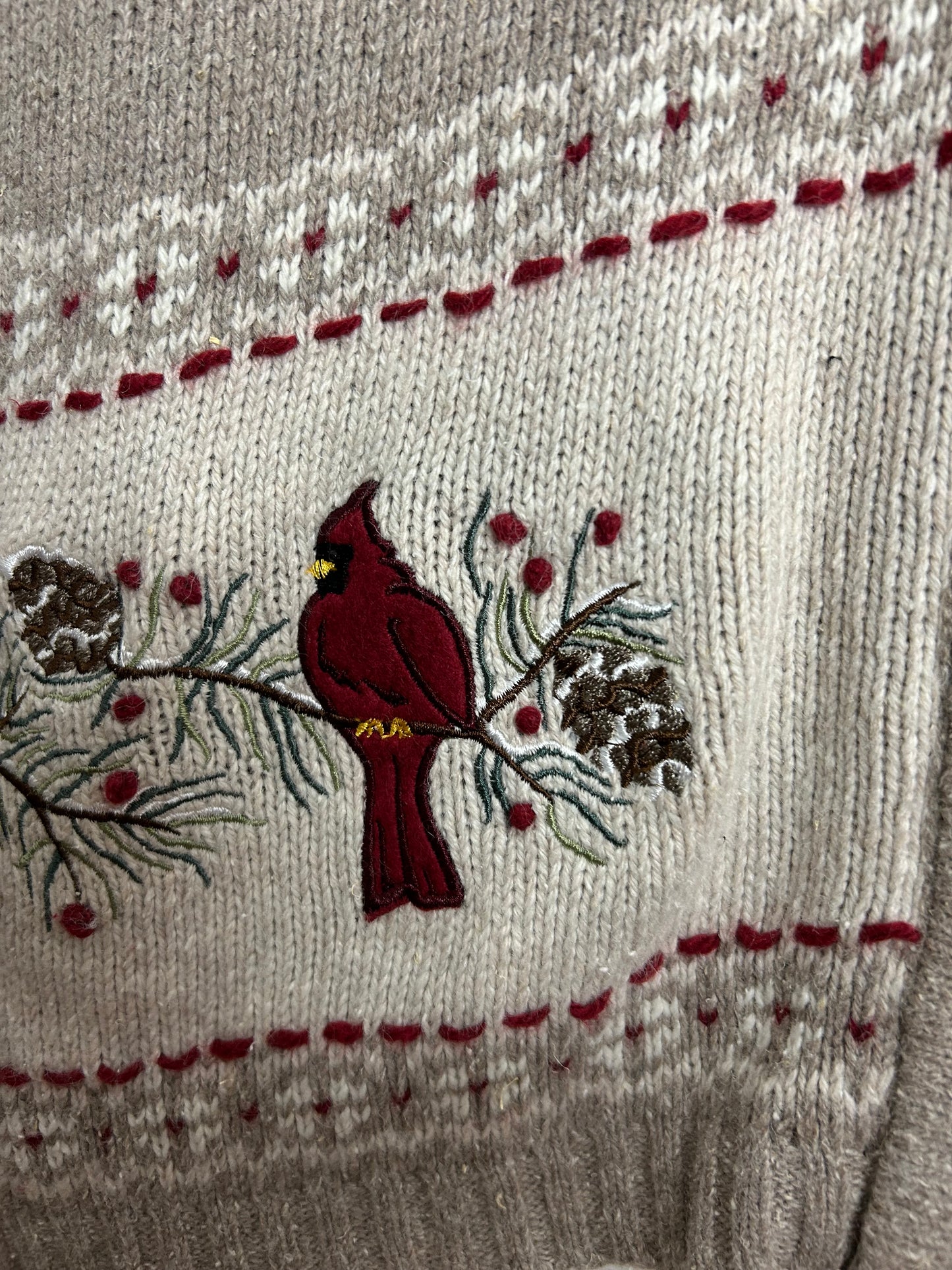 Vintage SOUTHERN LADY Size XL 16 Ramie Mix Beige Tones Bird Pattern Sleeveless Cardigan