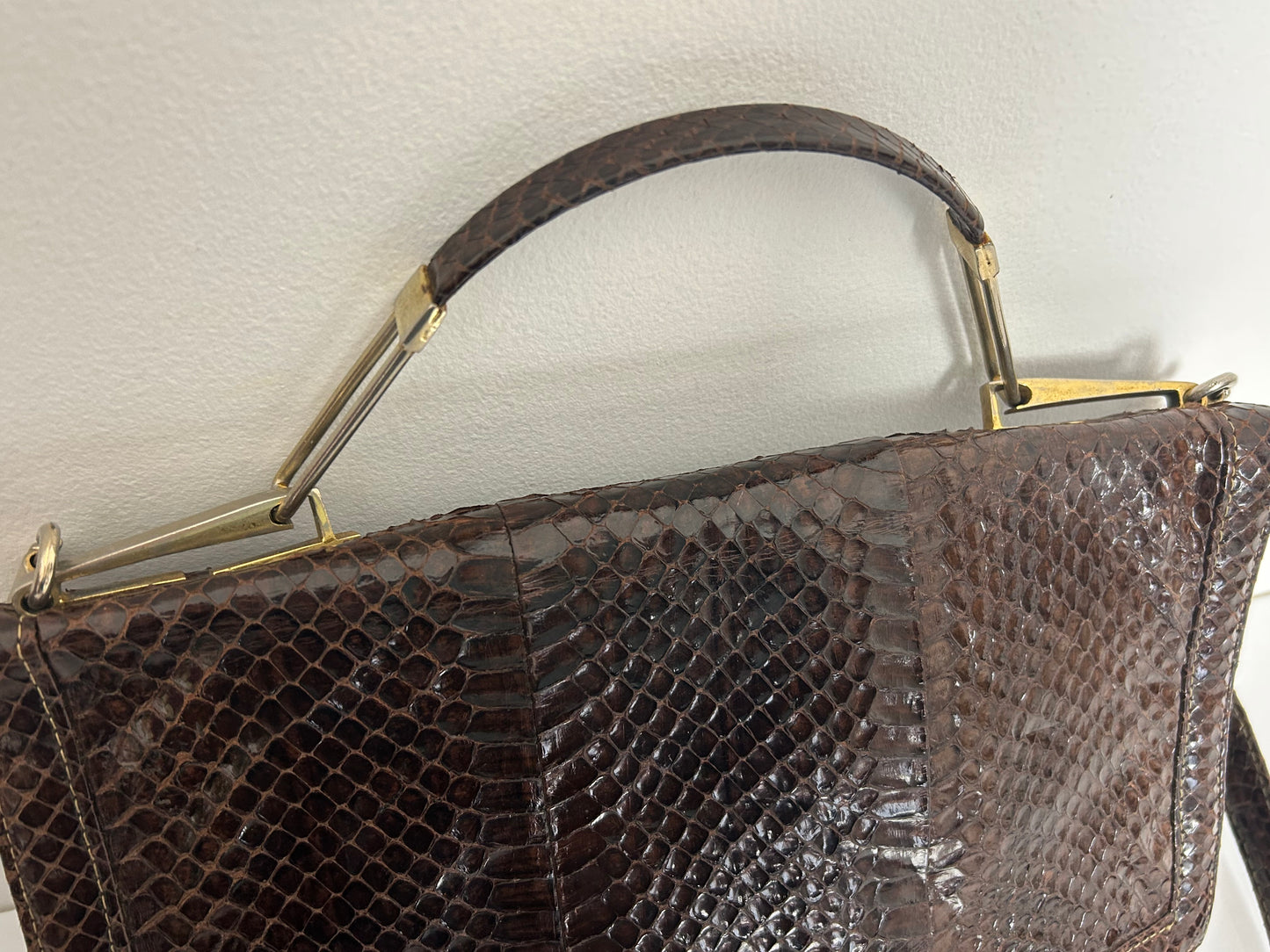 Vintage 1970s Italian Brown Reptile Leather Handbag With Removable Shoulder Strap