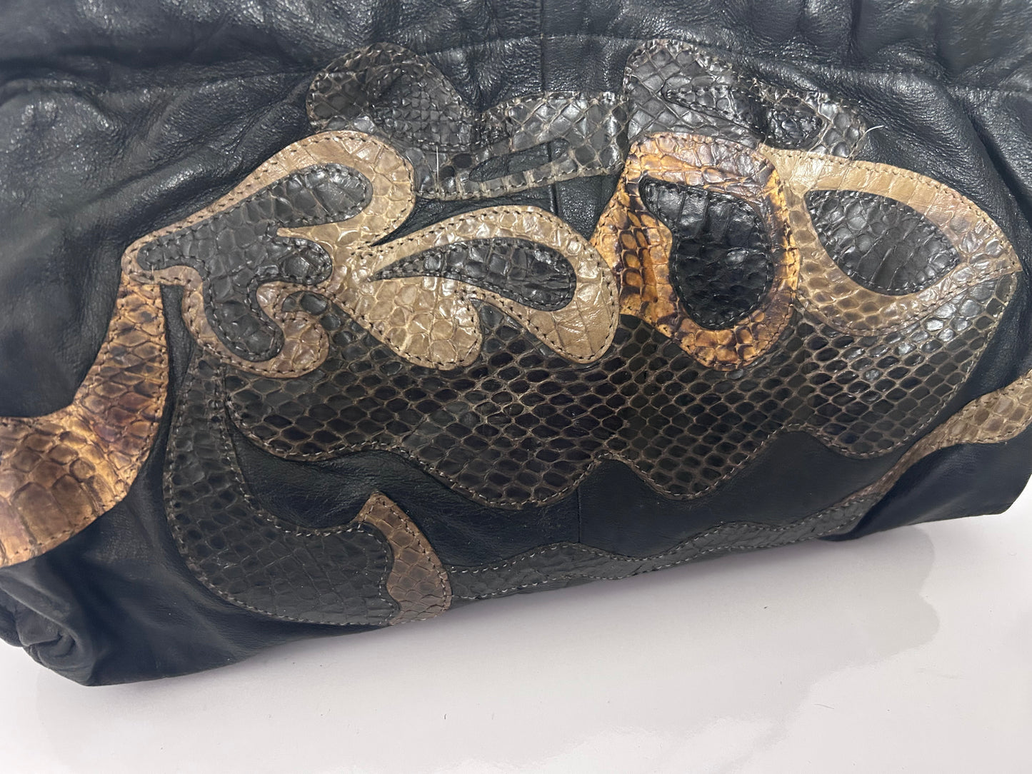 Vintage 1980s ELANO Durabilt Handbags Black Leather Handbag With Snake Skin Applique Detail