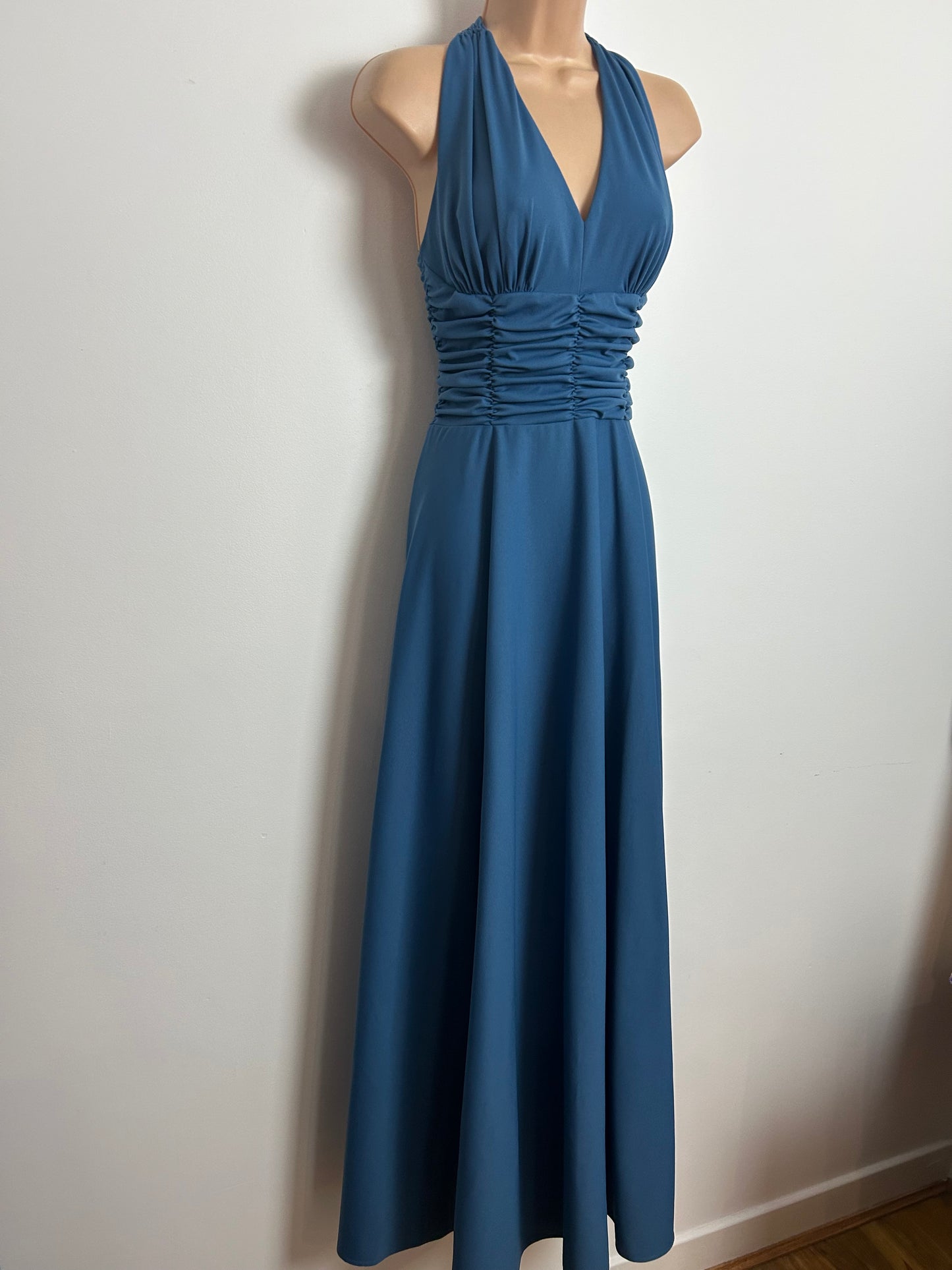 Vintage 1970s Size 6 Dusky Blue Strappy Cage Back Evening Occasion Maxi Dress