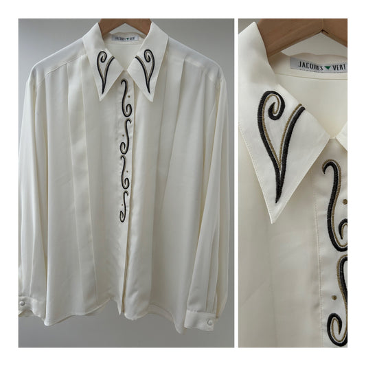 Vintage 1980s JACQUES VERT UK Size 16 Cream Long Sleeve Embroidered Swirl Detail Long Sleeve Pleated Blouse