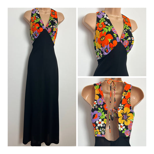 Vintage 1970s Size 6-8 Black Orange Green & Yellow Floral Daisy Print Double Tie Open Back Summer Maxi Dress