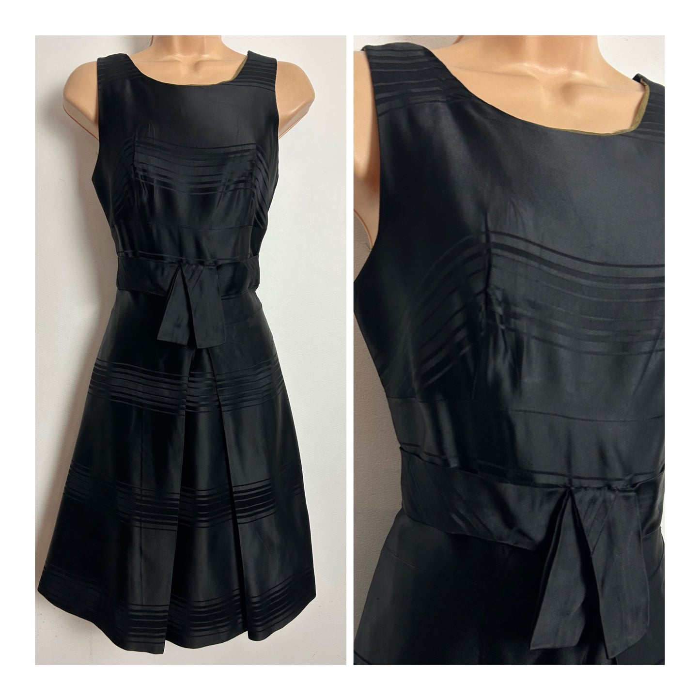 Vintage 1960s Size 8 Black Stripe Satin Sash Belted Party Dress