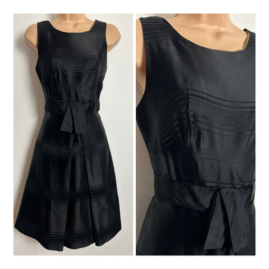 Vintage 1960s Size 8 Black Stripe Satin Sash Belted Party Dress