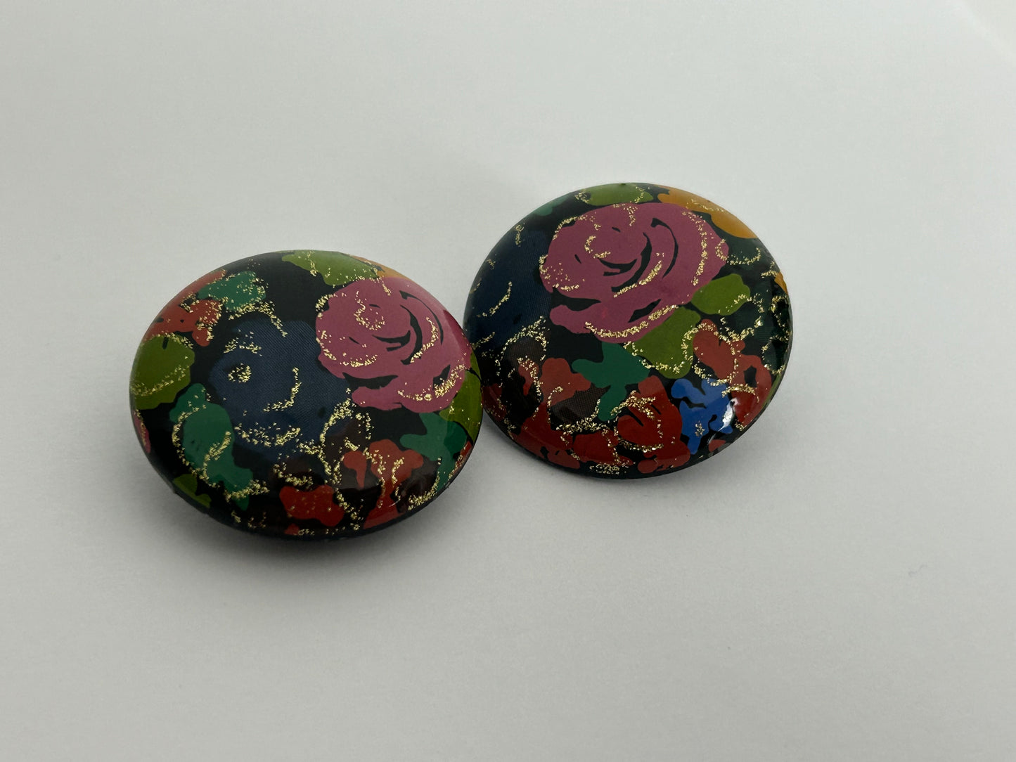 Vintage 1980s Blue Pink & Green Floral Glittery Large Round Clip On Earrings