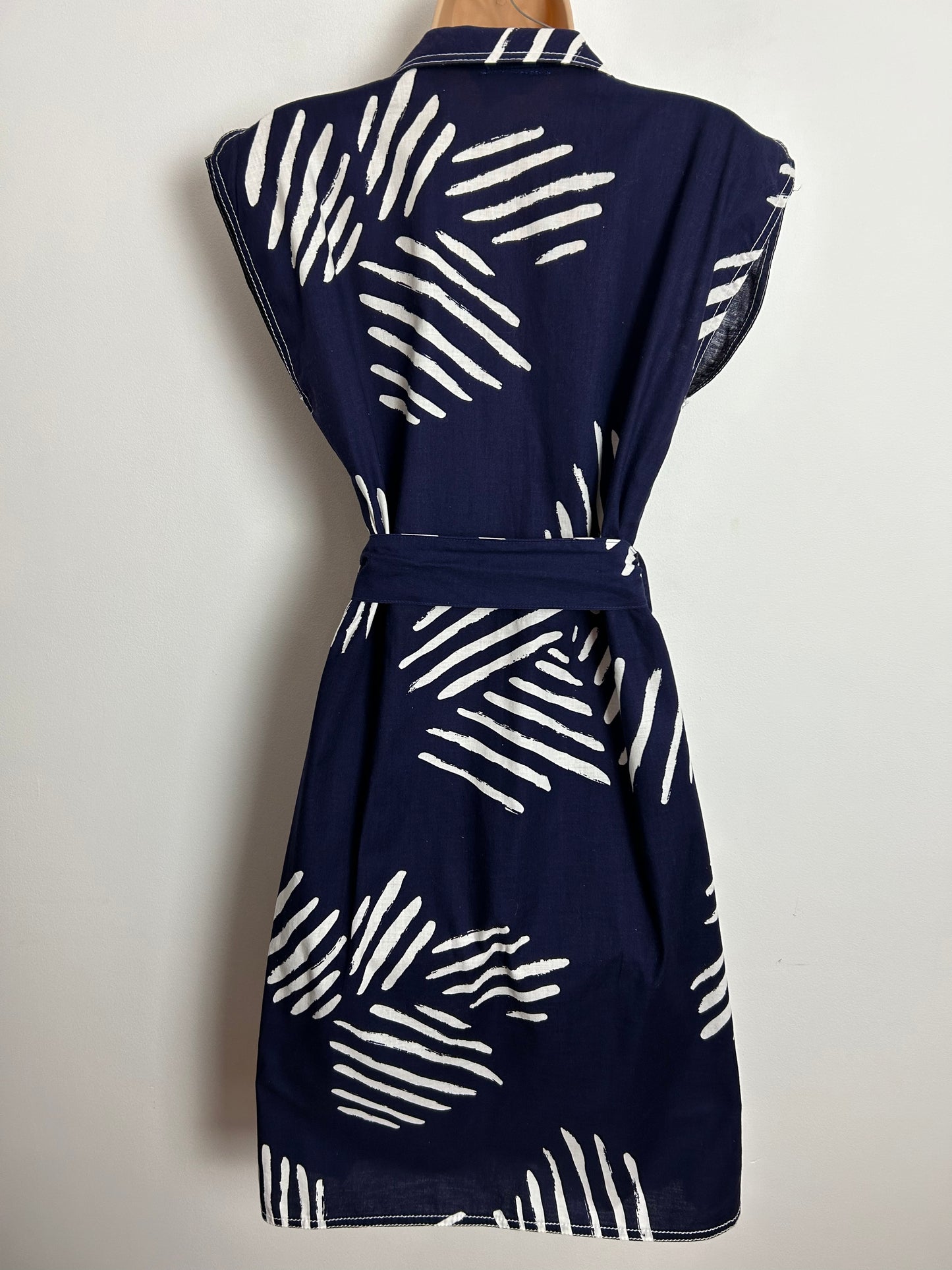 Vintage Late 1970s RARE UK Size 12 FENNO-SPORT Finnish Design Navy Blue & White Stipe Pattern Belted Cotton Day Dress