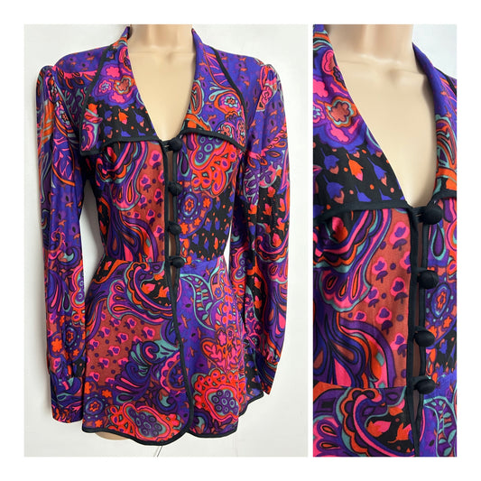Vintage 1970s PROPER PRIDE UK Size 8 Purple Pink & Orange Psychedelic Floral Print Peplum Top