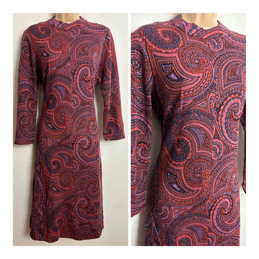 Vintage 1960s UK Size 12-14 Pink Blue & Red Paisley Type Print Long Sleeve Poly Jersey Shift Mod Dress