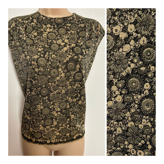 Vintage 1960s UK Size 14-16 Brown & Gold Lurex Floral Print Sleeveless Evening Top