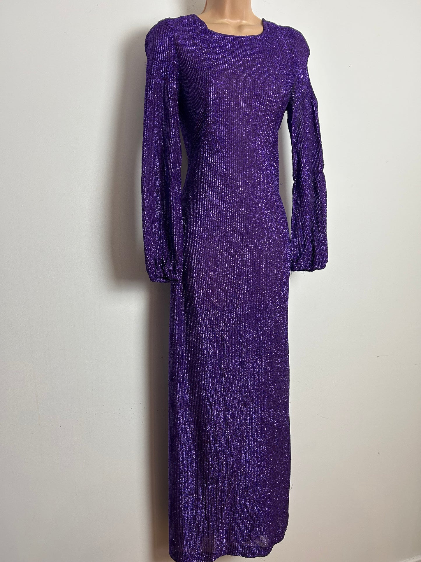 Vintage 1970s Size 6-8 Purple Lurex Glittery Shimmery Long Sleeve Lace Up Black Xmas Party Evening Maxi Dress