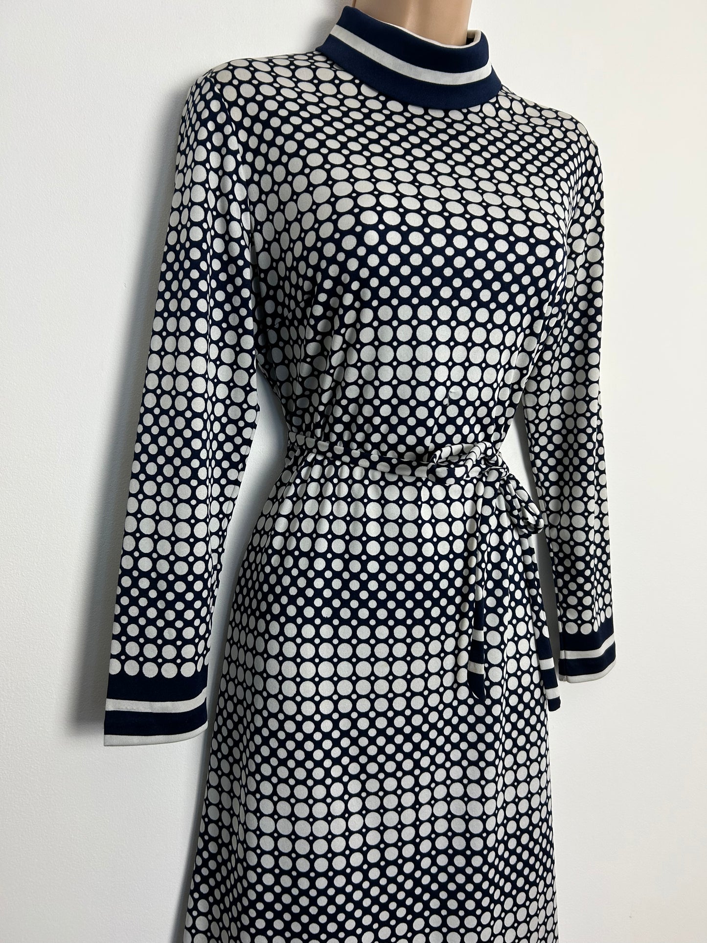 vintage Late 1960s JAEGER UK Size 12 Navy Blue & White Spot Print Long Sleeve Belted Dress