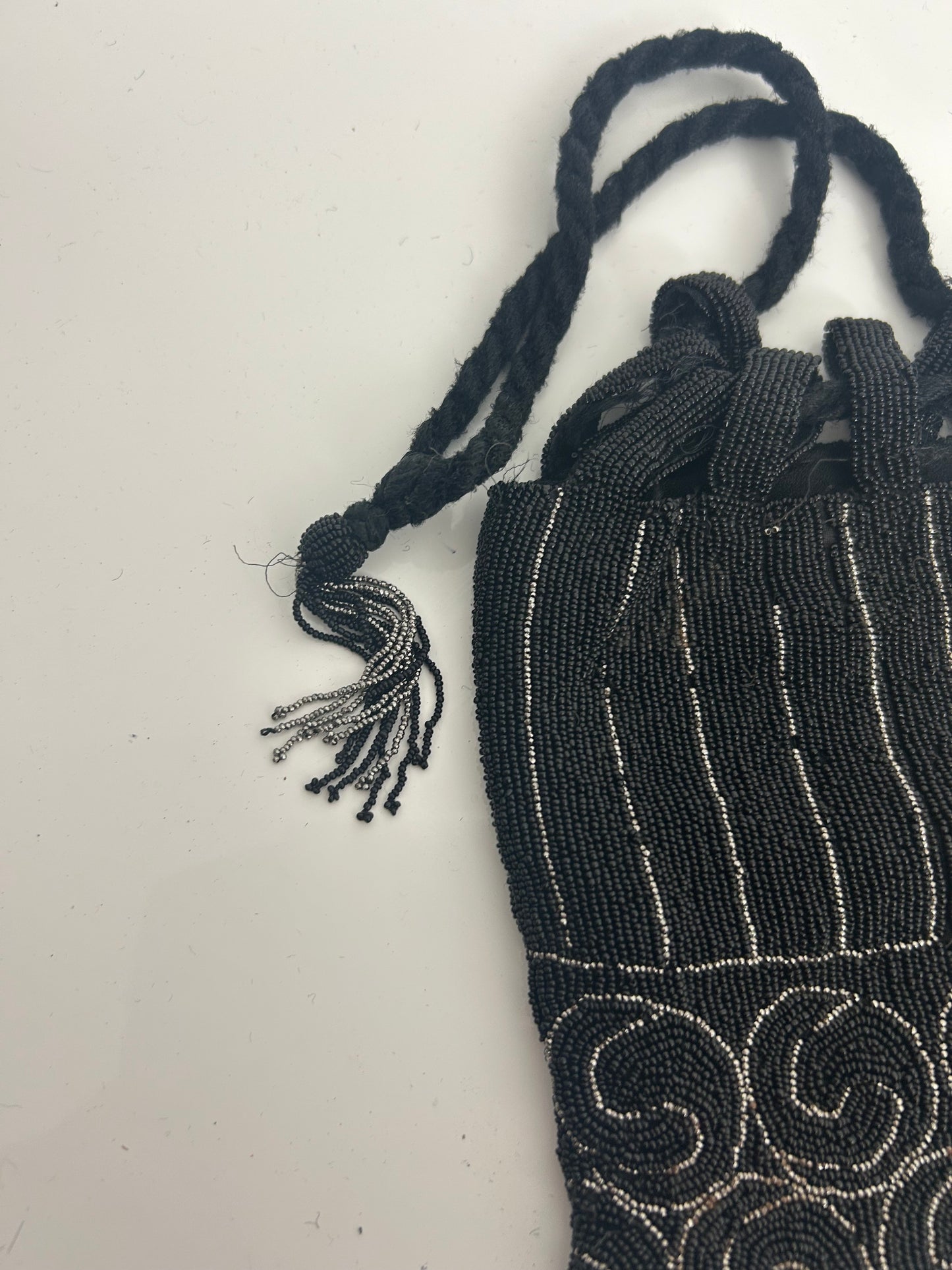 Vintage Circa 1920s Black & Silver Micro Beaded Swirl Pattern Pouch Style Flapper Bag