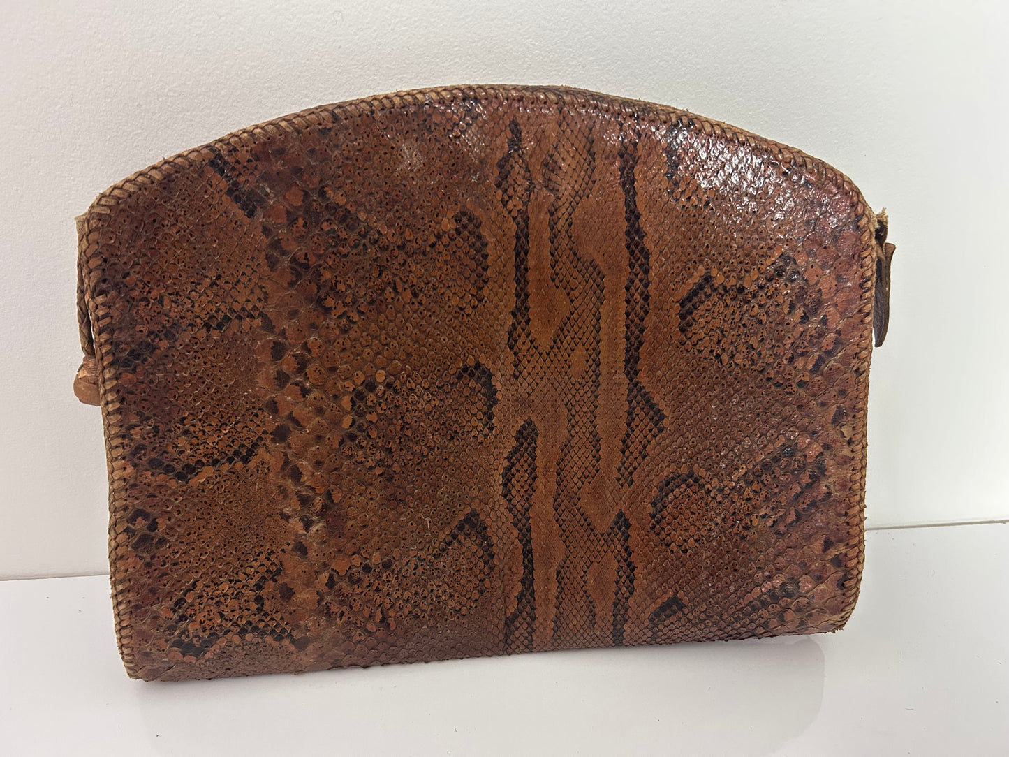 Vintage 1970s Large Brown Reptile Snake Skin Leather Folder Wallet Style Clutch Bag