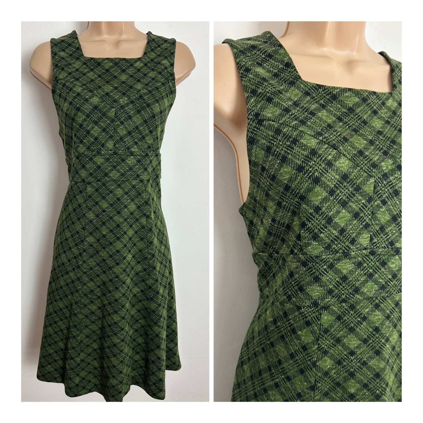 Vintage 1960s Size 10 Green & Black Tartan Check Jersey Mod Shift Dress