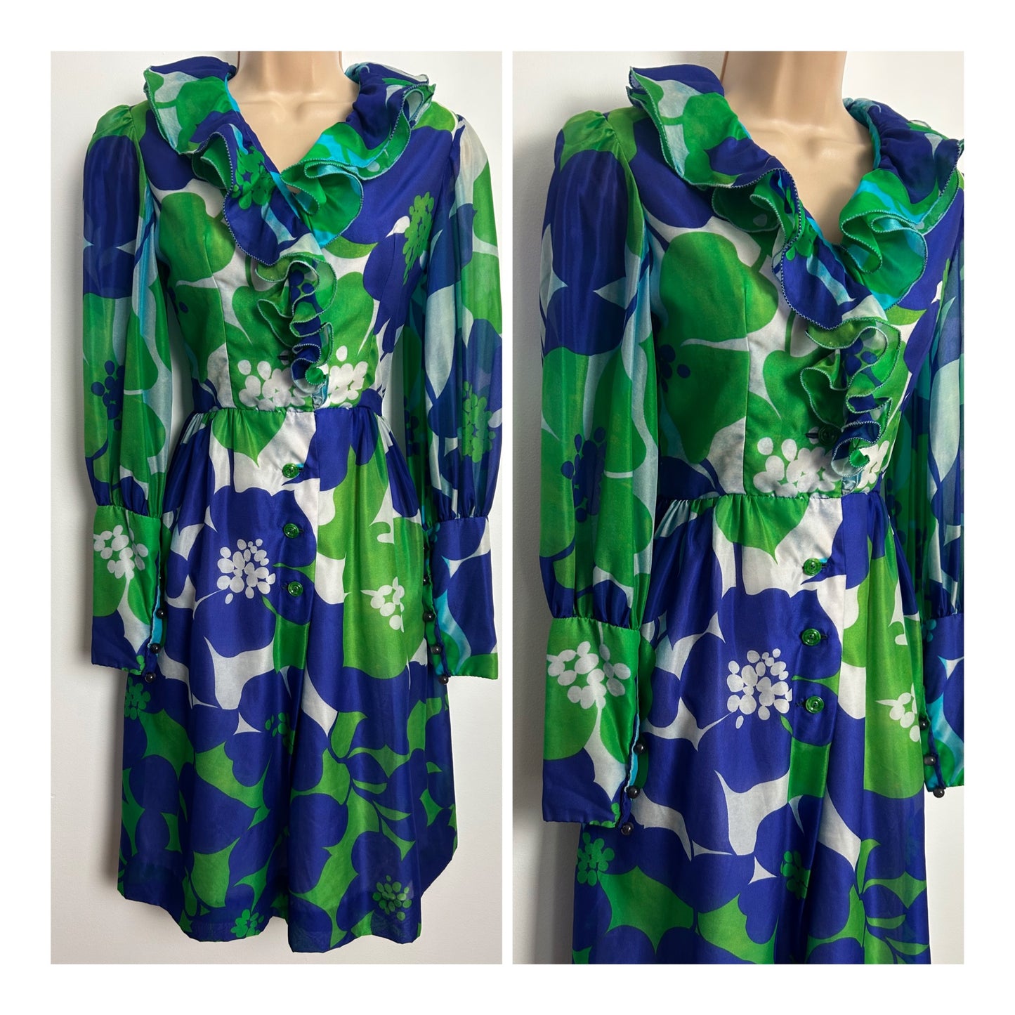 Vintage 1970s J.M. Martin Size 6 Beautiful Blue & Green Abstract Bold Floral Ruffle Trim Dress
